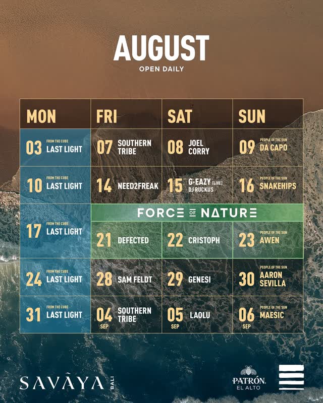 SAVAYA BALI AUGUST SCHEDULE
