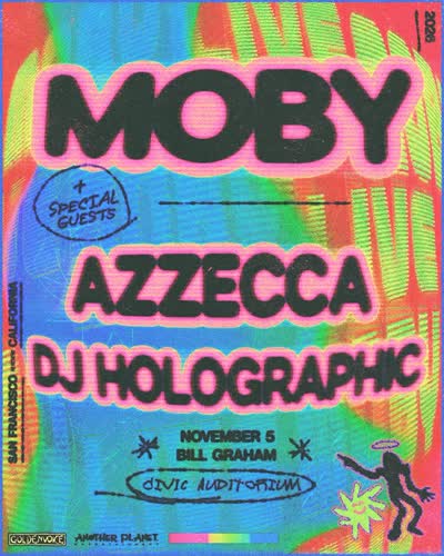 JUST ANNOUNCED 🛼 @moby is taking over Bill Graham Civic Auditorium with special guests @azzecca and @djholographic on November 5