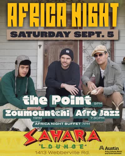 This Saturday! Doors 7p with the free buffet!, 7:30 Afro Jazz, 9p The Point and 11p Zoumountchi! Dance.. socialize... enjoy a cold Red Stripe!