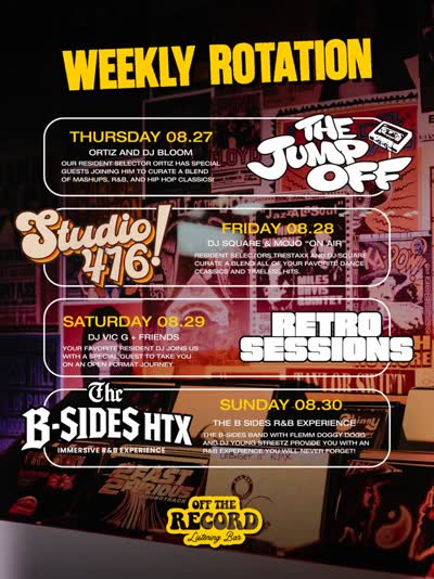 Good music doesn’t need an introduction. 📀🔥 This week at Off The Record: THURSDAY — “The Jump Off” FRIDAY — Studio 416 SATURDAY — Retro Sessions SUNDAY — B-Sides R&B Live Experience