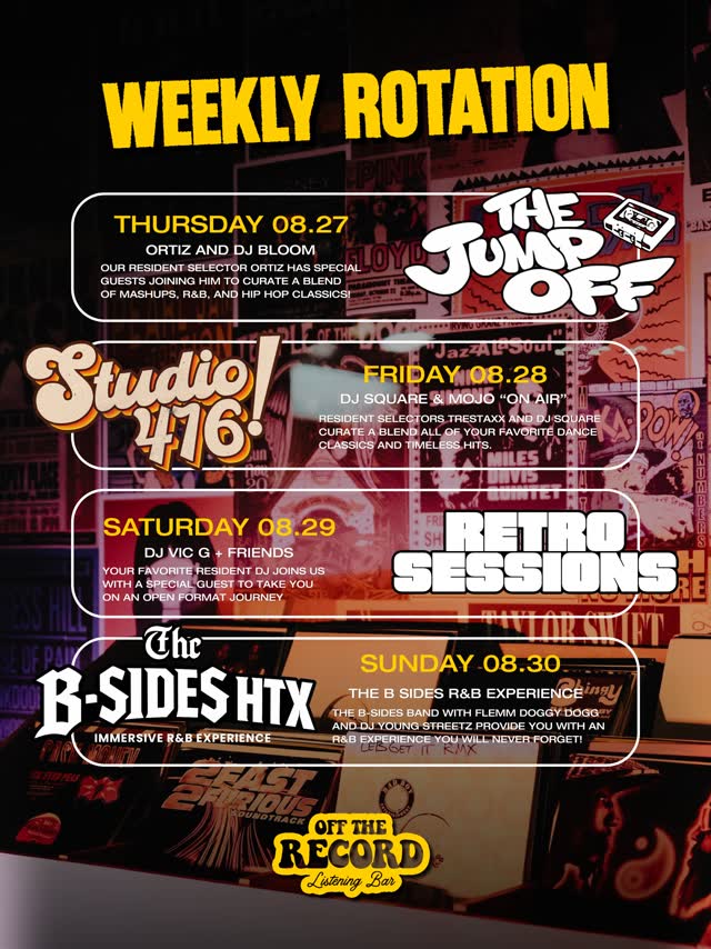 Good music doesn’t need an introduction. 📀🔥 This week at Off The Record: THURSDAY — “The Jump Off” FRIDAY — Studio 416 SATURDAY — Retro Sessions SUNDAY — B-Sides R&B Live Experience