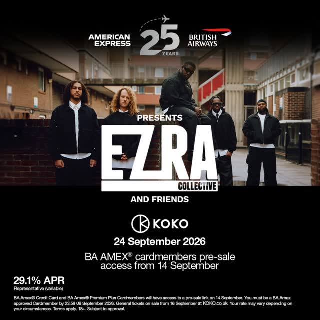 Experience a special night with Ezra Collective & Friends at KOKO on 24 September, celebrating 25 years of the British Airways American Express Cards.