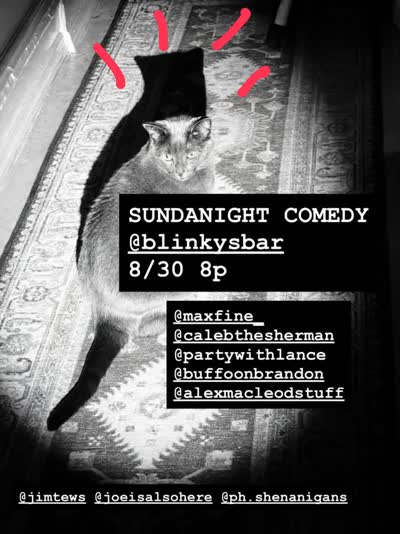 Blinky’s tonight (Sunday) 8p. Probably out on that tropical patio.