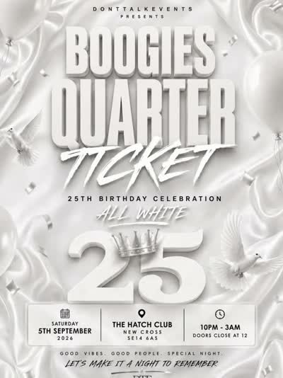 BOOGIES QUARTER TICKET drops this September — All White only.
