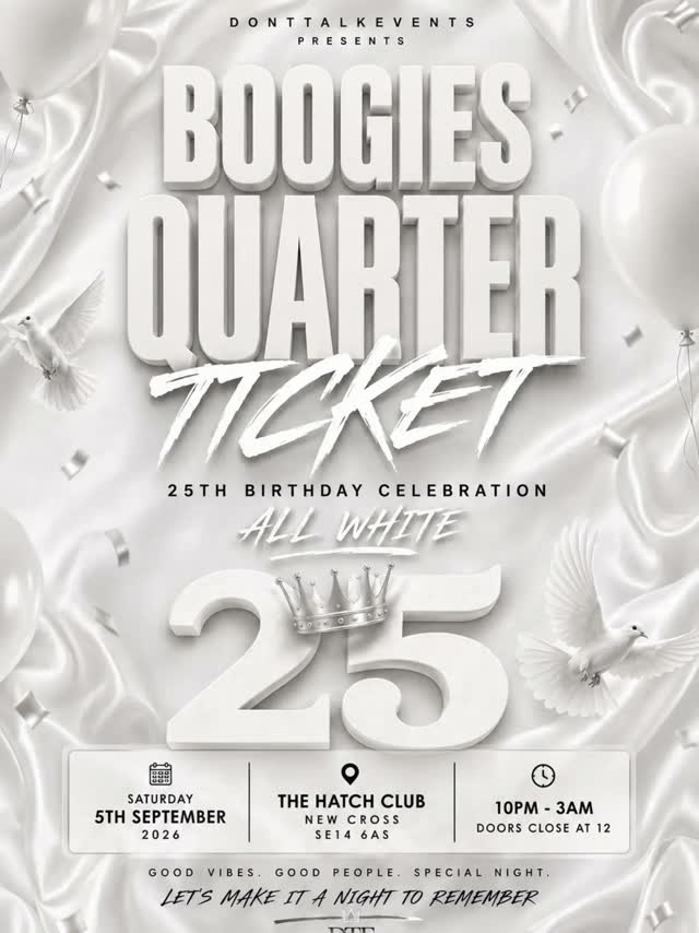 BOOGIES QUARTER TICKET drops this September — All White only.