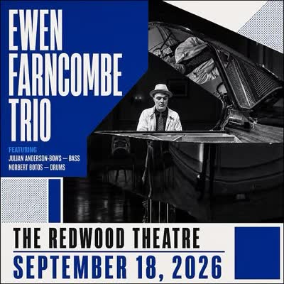 Ewen Farncombe Trio brings one of Canada’s most exciting young jazz pianists to The Redwood Theatre for an intimate night of virtuosic, adventurous jazz. Featuring Julian Anderson-Bowes on bass and Norbert Botos on drums.