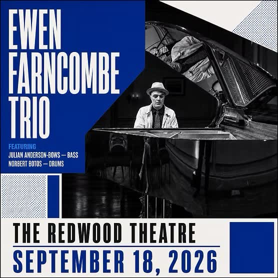 Ewen Farncombe Trio brings one of Canada’s most exciting young jazz pianists to The Redwood Theatre for an intimate night of virtuosic, adventurous jazz. Featuring Julian Anderson-Bowes on bass and Norbert Botos on drums.