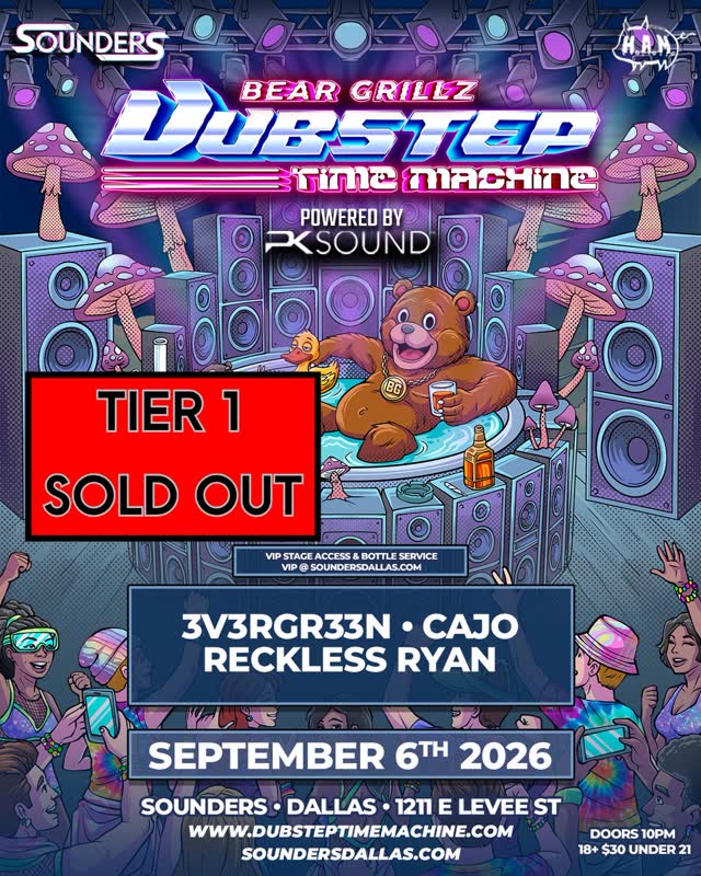 TIER 1 TICKETS ARE SOLD OUT !!️ Bear Grillz returns to Dallas THIS Sunday for Labor Day Weekend 🐻 Last year sold out before doors open so don’t sleep on tickets... See you there 👀 . . #DallasEDM #Dubstep #SoundersDallas #BearGrillz