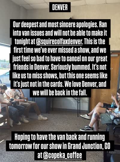 Show cancellation in Denver and upcoming show in Grand Junction