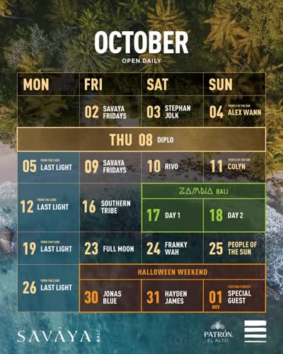 Savaya Bali October Schedule