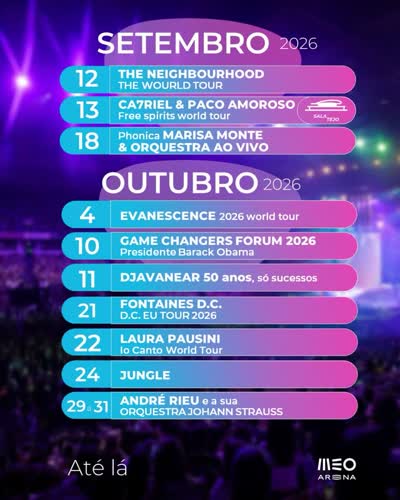 MEO Arena Setembro e Outubro 2026