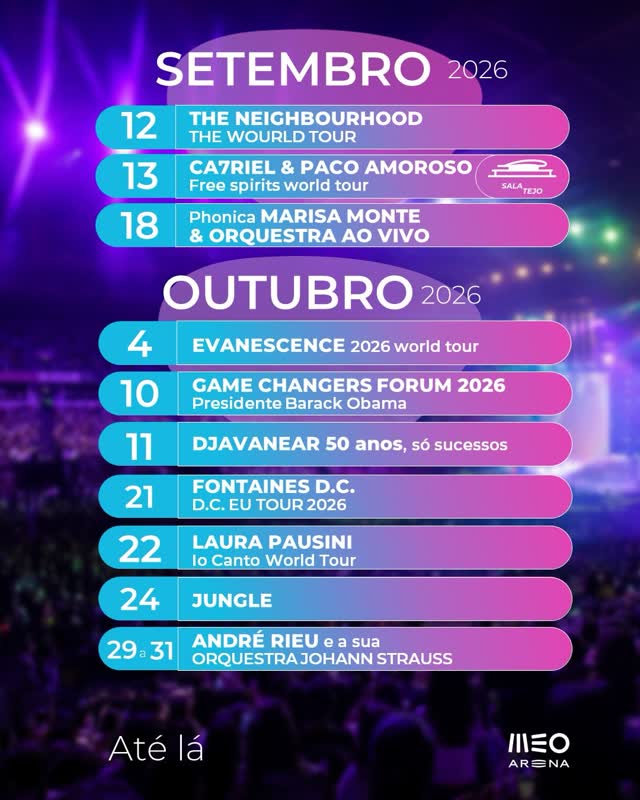 MEO Arena Setembro e Outubro 2026