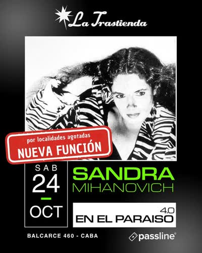 ¡Agotamos y sumamos una nueva función! ❤️ @latrastiendaoficial . 📅 Sábado 24 de octubre – 21 h 📍 La Trastienda Balcarce 460 – CABA 🎟️ Entradas por Passline . . #SandraMihanovich #EnElParaiso40 #LaTrastienda #MusicaEnVivo #BuenosAires #Passline #musicasanadora