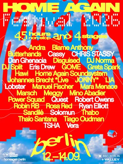 @homeagain.berlin returns to take over the compound next Saturday, September 12th, hosting across ROBUS, SUMME, OPAN and VALLEY for 45 hours non-stop
