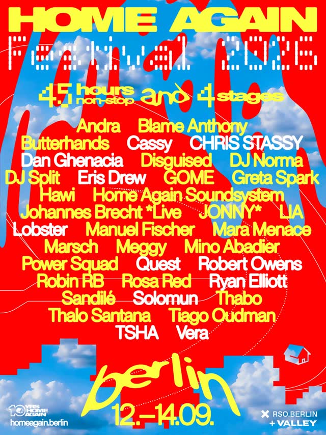 @homeagain.berlin returns to take over the compound next Saturday, September 12th, hosting across ROBUS, SUMME, OPAN and VALLEY for 45 hours non-stop