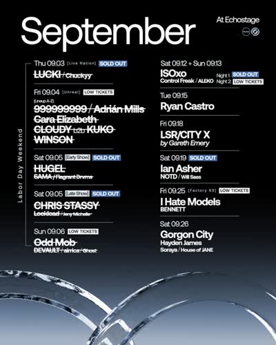 September status update — @ianasher sold out, tickets for @isoxo_ Night 2 + @ihatemodels1 on 9/25 running low