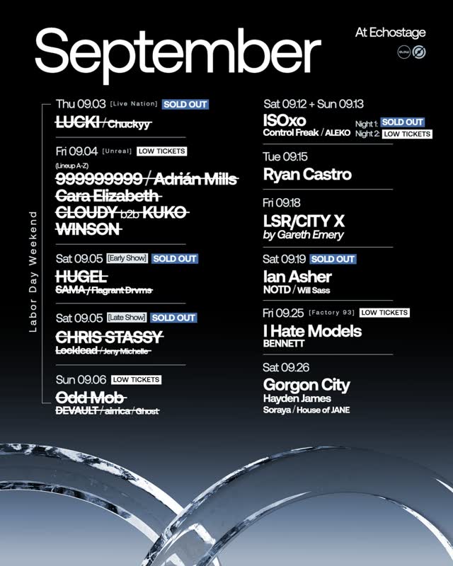 September status update — @ianasher sold out, tickets for @isoxo_ Night 2 + @ihatemodels1 on 9/25 running low