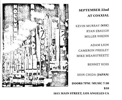Coaxial welcomes NYC-based improvisor Kevin Murray and tape-noise artist Shin Chida from Japan for an early-week free-form function.