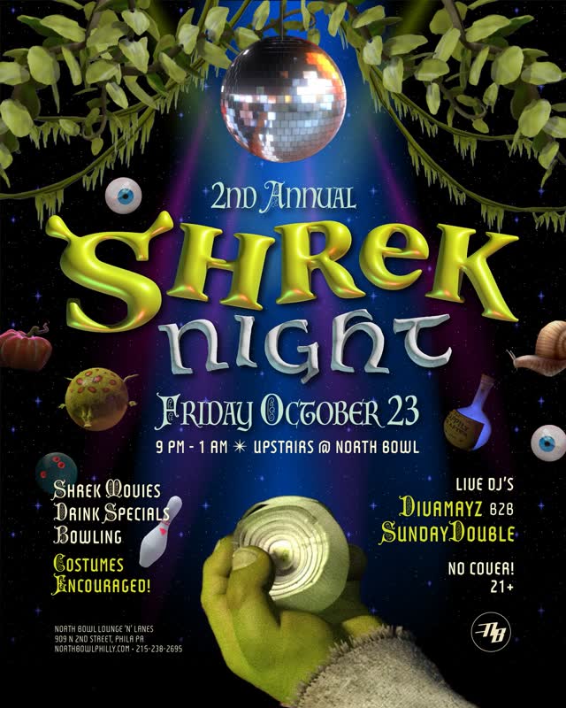 SHREK NIGHT IS BACK!!!! JOIN US UPSTAIRS IN THE SWAMP ON FRIDAY OCTOBER 23RD 🌳 @DIVAMAYZ B2B @SUNDAYDOUBLE.AC WILL BE HERE KEEPING IT OGRE-THE-TOP WITH SHREK SOUNDTRACK REMIXES & ALL THE BEST 2000S DANCE HITZ. WEAR A SHREK-INSPIRED COSTUME AND WE’LL SERVE YOU SWAMPY COCKTAILS ALL NIGHT!!!!! LET’S REMINISCE & GET SHREK’D!!!!