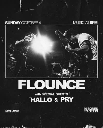 JUST ANNOUNCED 🖤 Local post-punk outfit Flounce with special guests Hallo and Pry on the indoor stage on Sunday, October 4th! Advance tickets available online!