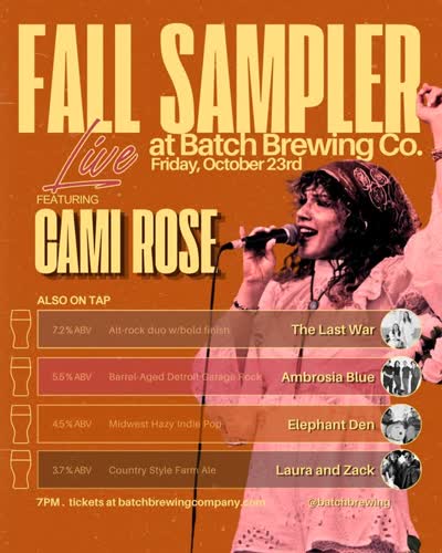 SAVE THE DATE: Friday, Oct 23rd, 7pm at @batchbrewing in Detroit. We're honored to support @camirosemusic as the evening's headline act along with friends @ambrosiablueband @elephantdenband with @laura_and_zack kicking off the night!