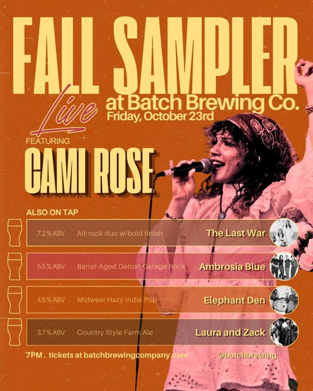 SAVE THE DATE: Friday, Oct 23rd, 7pm at @batchbrewing in Detroit. We're honored to support @camirosemusic as the evening's headline act along with friends @ambrosiablueband @elephantdenband with @laura_and_zack kicking off the night!