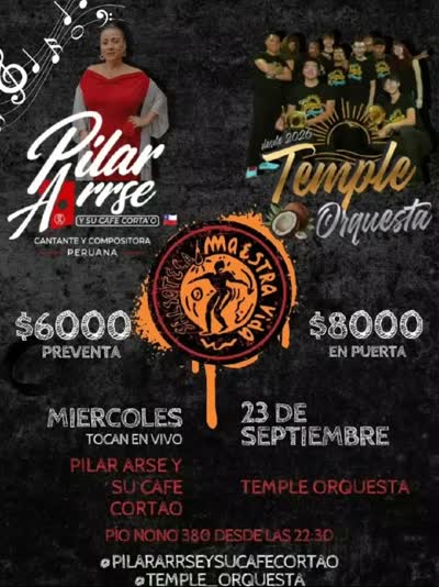 Este miércoles 23/09, llega a nuestra casa @pilararrseysucafecortao junto a @temple_orquesta La pista la enciende Dj @shurrylay