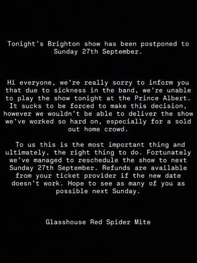 Brighton show postponed to Sunday 27th September