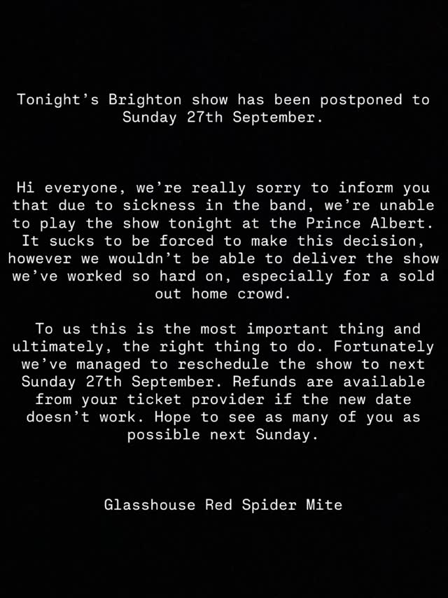 Brighton show postponed to Sunday 27th September