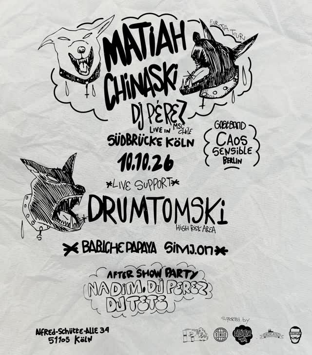 Matiah chinaski und Dj perez live / Drumtomski live / @babichepapaya und @simj.on live / Special guest @elcaossensible / After party mit @nadimbrah @djperez___ Dj latete !!!!