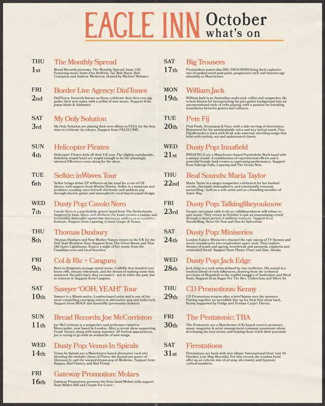 Eagle Inn October what's on