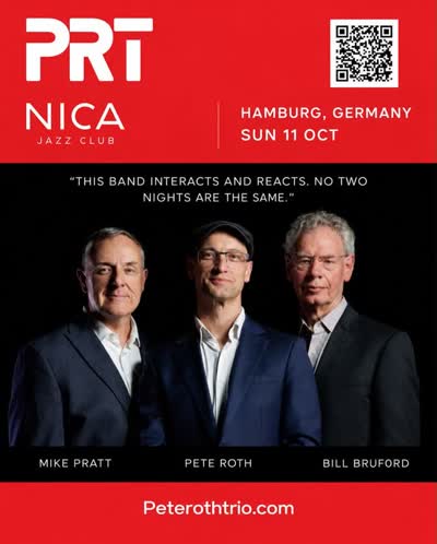 Pete Roth Trio feat. Bill Bruford and Mike Pratt on bass heading to Germany this week. We are bringing our new album “Group Chat” the unsuspecting people of these selected cities and possible a few new additions to the set list.