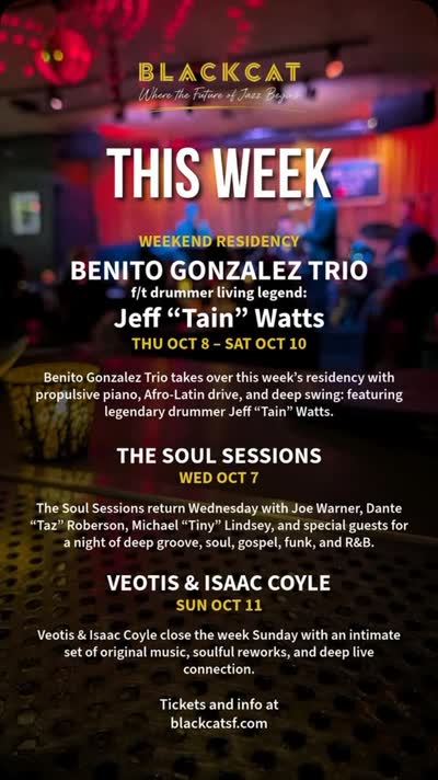 This week at Black Cat: deep groove, heavyweight swing, and an intimate Sunday close.
