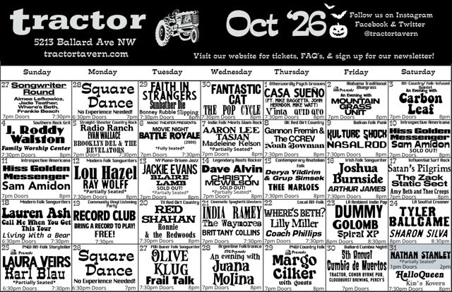 Tractor Tavern Oct '26 Schedule