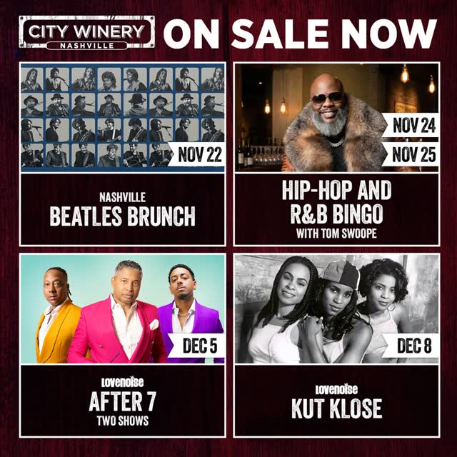 On sale now: Drew Ryder Smith, Dave Doobinin, Nashville Beatles Brunch, Hip-Hop and R&B Bingo, After 7, Kut Klose, Glenn Jones, Raheem DeVaughn, Gabriella Lester, Jackopierce, Eric Gales