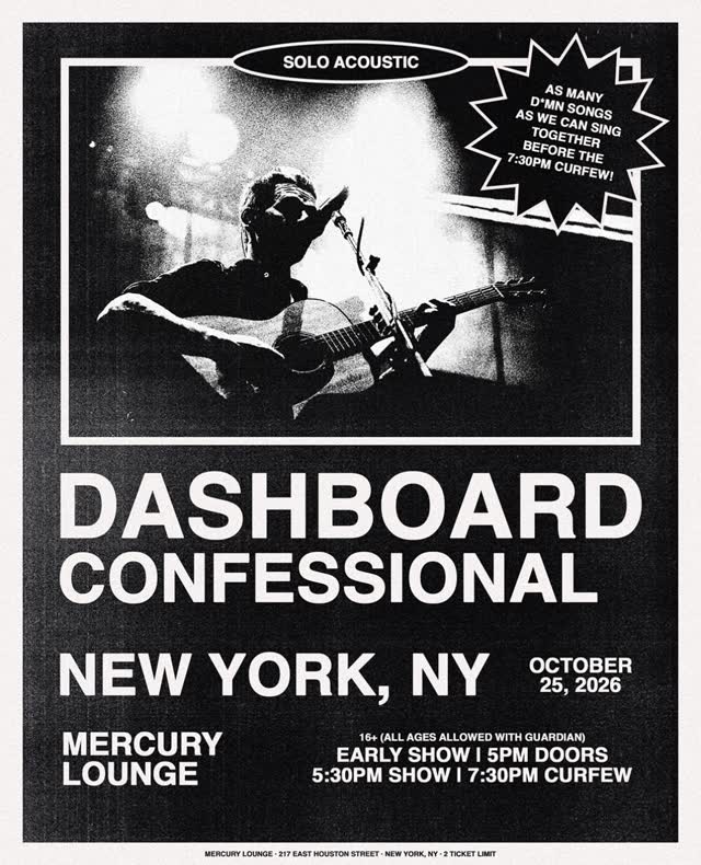 Just Announced! @dashboardconfessional plays Mercury Lounge this Sunday, October 25!
