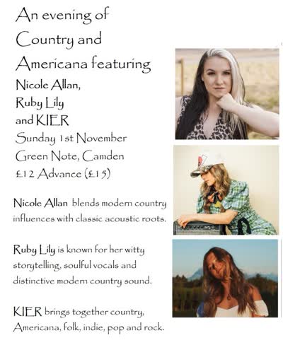 Showcase evening featuring rising Uk Country/Americana singer songwriters Nicole Allan, Ruby Lily and KIER