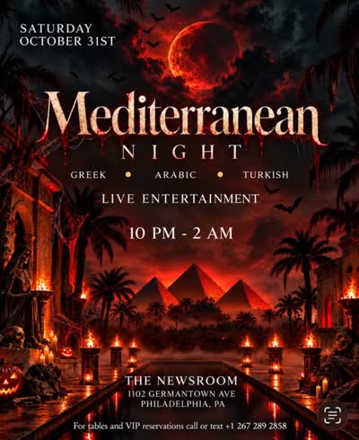 THIS HALLOWEEN, THE MEDITERRANEAN COMES ALIVE 🌙 Greek • Arabic • Turkish 🧿 A night of culture, rhythm, and Mediterranean energy. Live entertainment, International music, and a Halloween atmosphere like no other.
