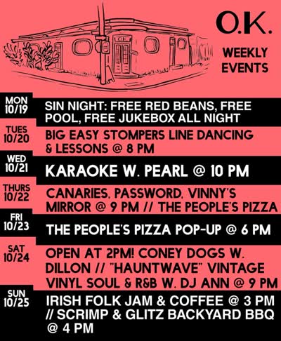 This week at O K A Y! 🎃 Weekly line dancing, PEARLYOKE, + Irish jam are on.