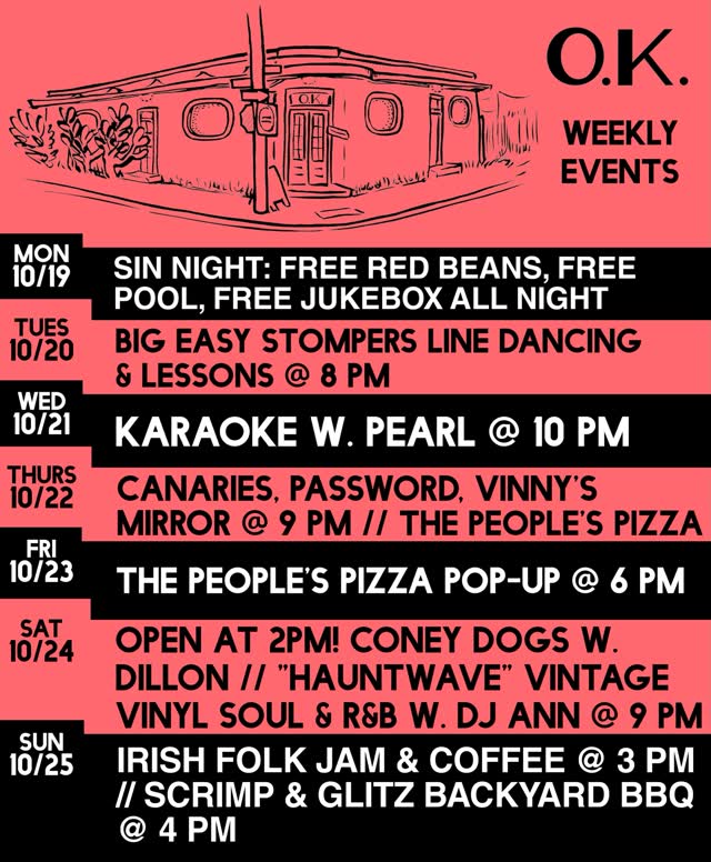 This week at O K A Y! 🎃 Weekly line dancing, PEARLYOKE, + Irish jam are on.