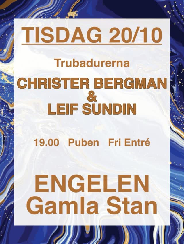 TISDAG, Vi öppnar upp dörren 16.00 idag, då är jag, Stella och Sebastian redo att ta hand om er som är sugna på något gott. Vid 19 intar trubadurerna CHRISTER BERGMAN & LEIF SUNDIN scenen för att bjuda på skön musik. Självklart fri entré hela kvällen. Varmt Välkomna!