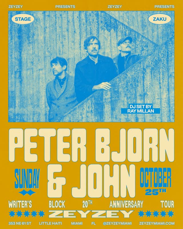 Peter Bjorn and John return to ZeyZey on 10.25! 🇸🇪😙 The Swedish indie-pop trio celebrates 20 years of their iconic album Writer’s Block, featuring the global anthem “Young Folks.”