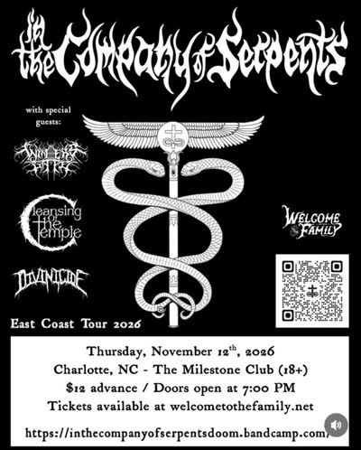 On Thursday, 11/12, we’ll be at the @themilestoneclub in Charlotte to tear it up with @winters.gate , @cleansingofthetemple , and @divinicide_ !! Get weird!!!