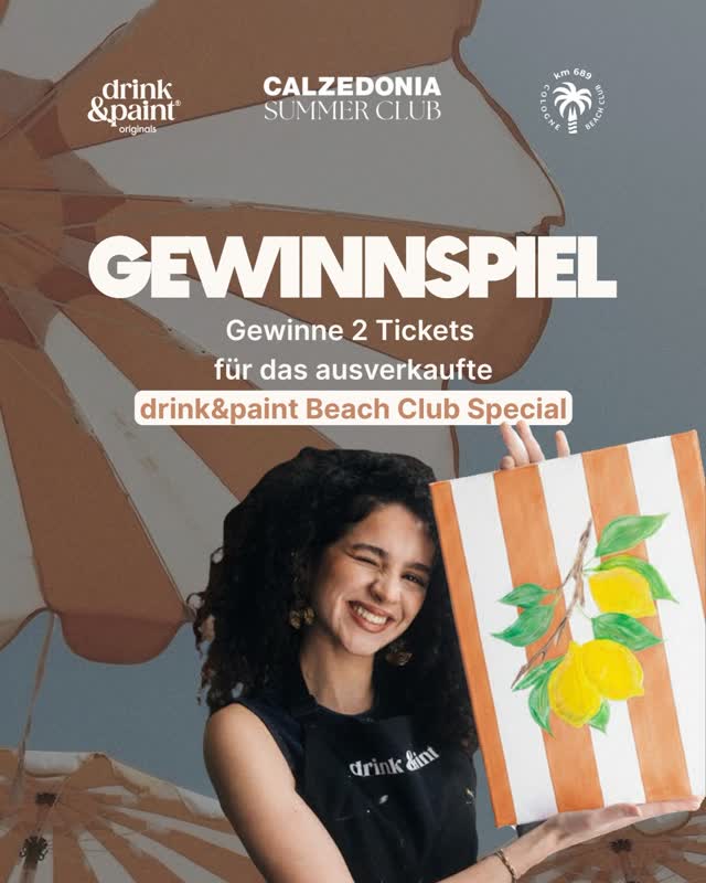 WIN YOUR CREATIVE SUMMER ESCAPE ☀️🎨  Gemeinsam mit @km_689 und @calzedonia verlosen wir 2 Plätze für das ausverkaufte drink&paint Beach Club Special! ✨ Mal dein eigenes Kunstwerk mitten im Beach-Club-Setting – mit Live-DJ und besten Sommer-Vibes. 🪩