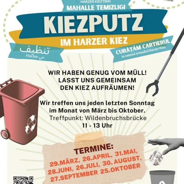 Guten morgen, ihr lieben! Heute, 31.05 11-13 Uhr wieder Kiezputz im Harzerkiez - Treffpunkt- Wildenbruchbrücke 🤍 Freuen uns auf euch!