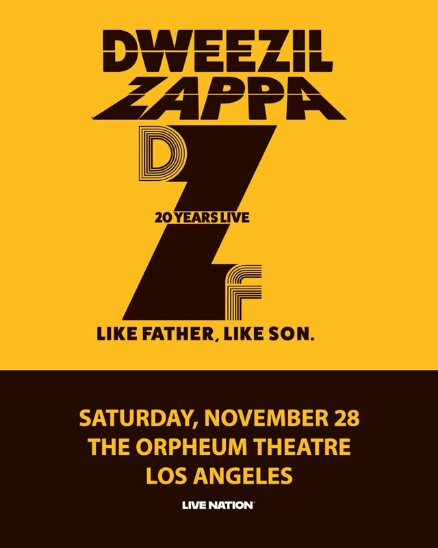 JUST ANNOUNCED: Join us for DZ20: Like Father, Like Son Tour on 11/28 at The Orpheum Theatre. @DweezilZappa celebrates 20 years of performing his father’s music live 🤘 Register for presale access today at https://www.dweezilzappa.com/tour - tickets are on sale Friday at 10am!